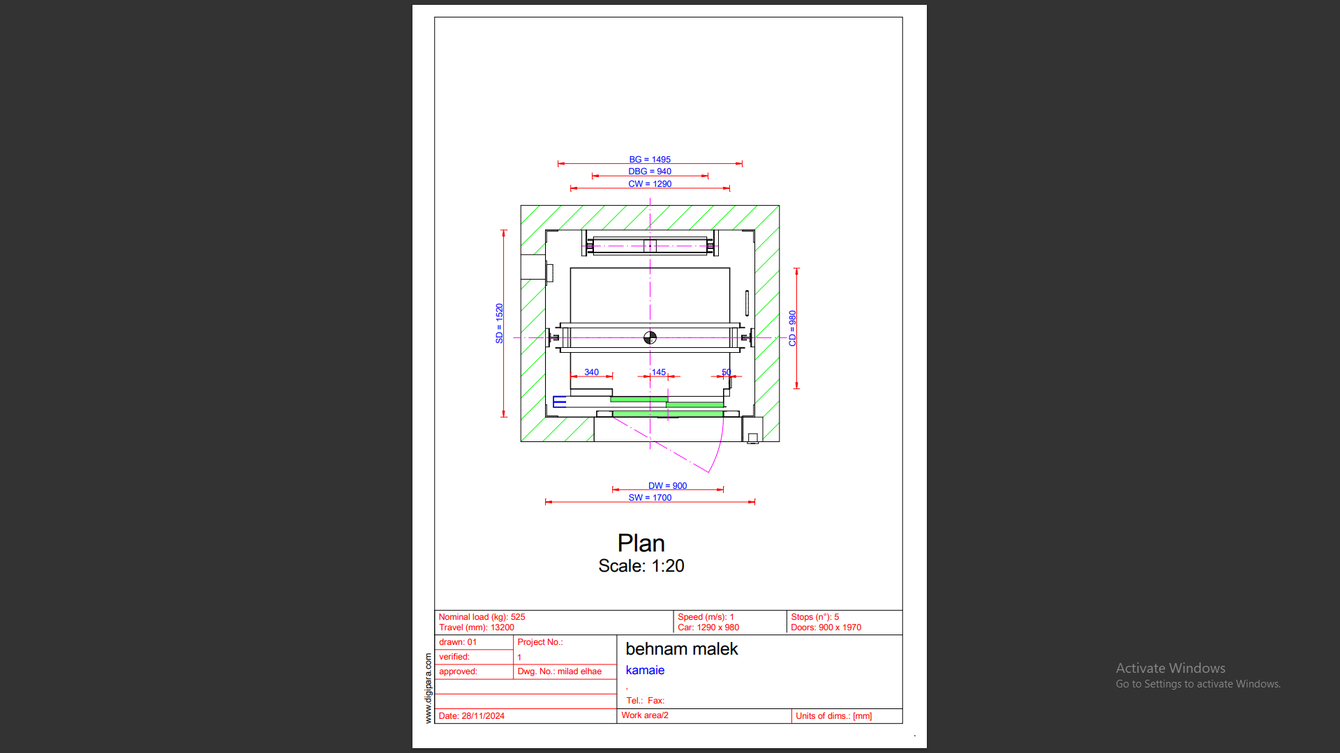 نقشه 2 بعدی کابین آسانسور