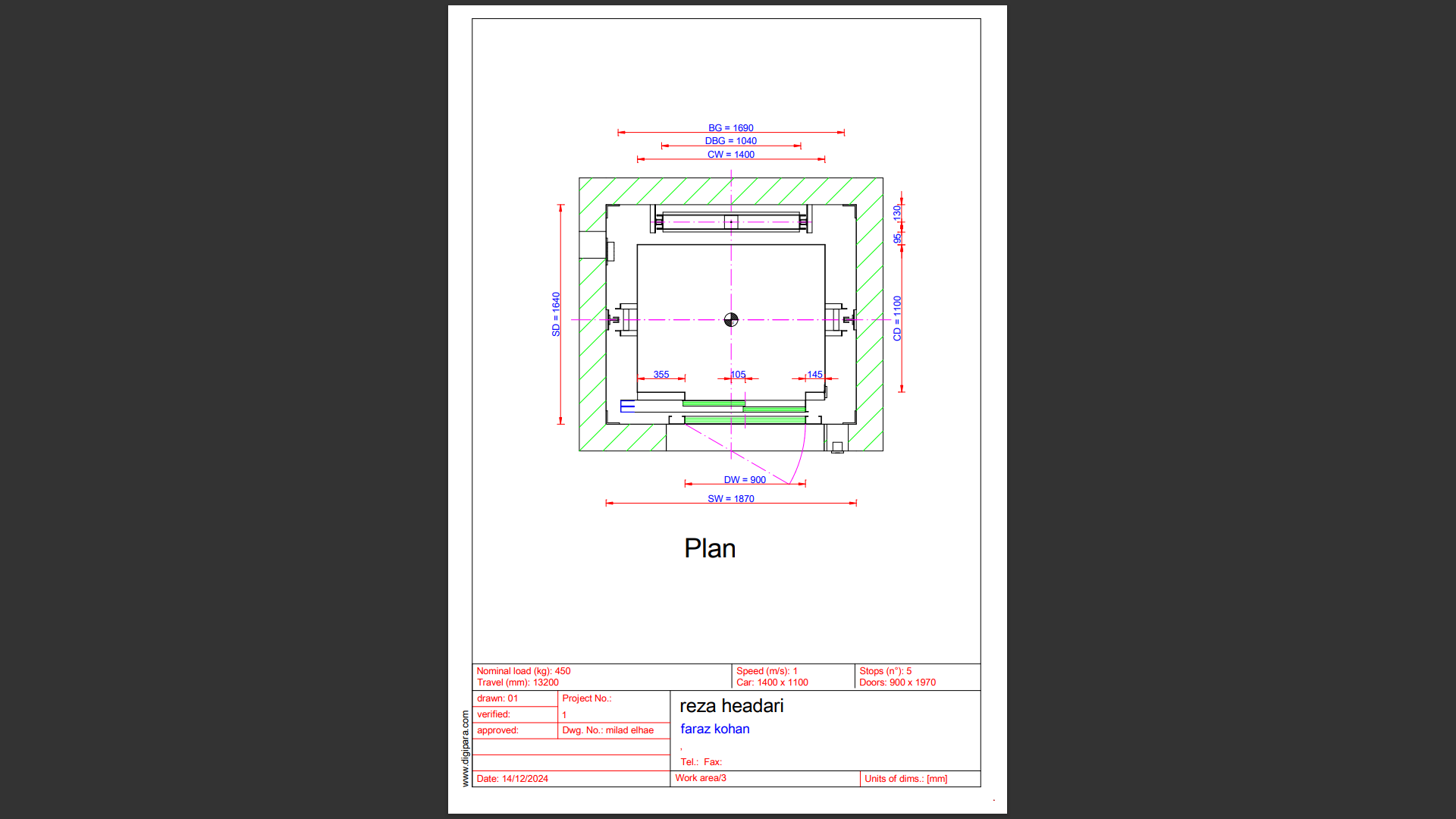 نقشه 2 بعدی کابین آسانسور