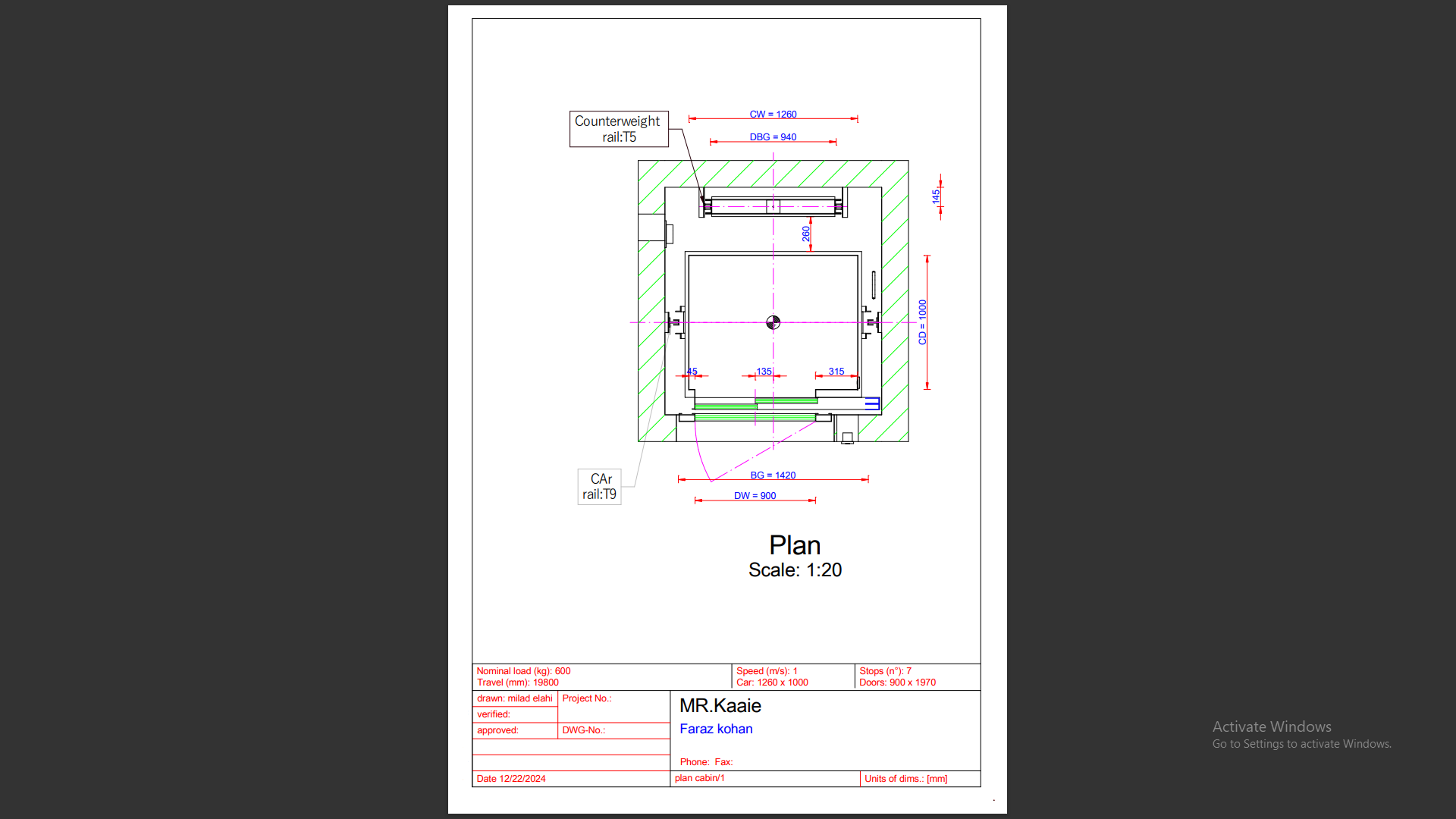 نقشه 2 بعدی کابین آسانسور