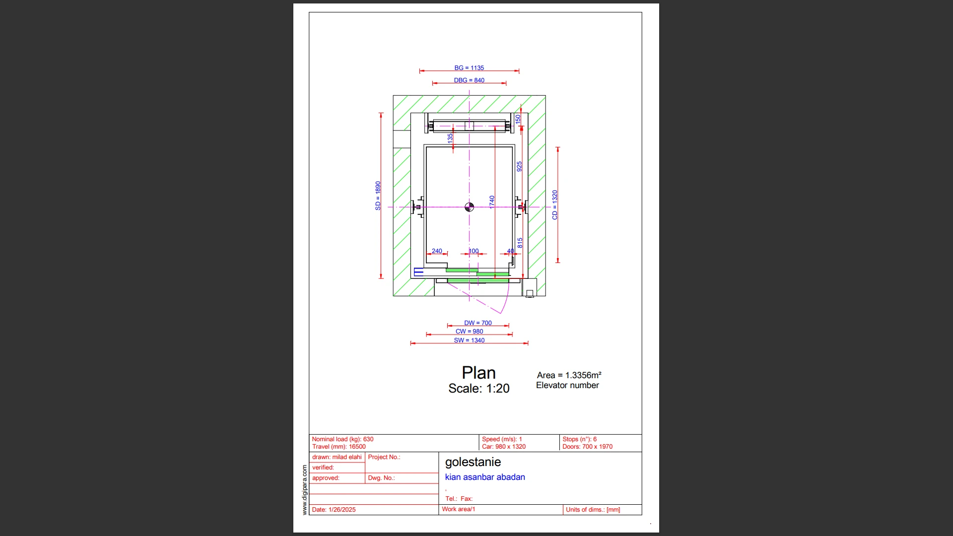 نقشه 2 بعدی کابین آسانسور