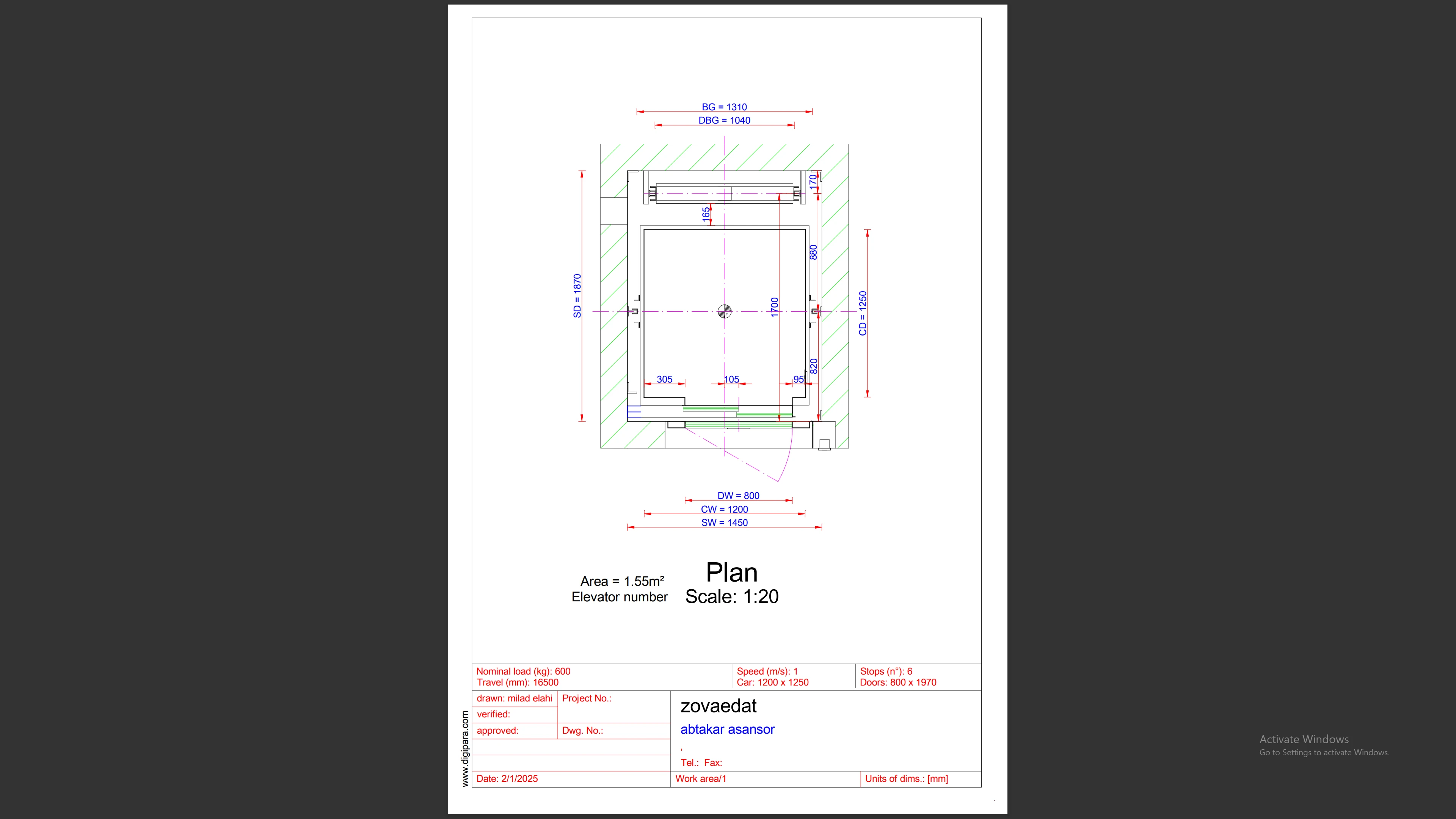 نقشه 2 بعدی کابین آسانسور