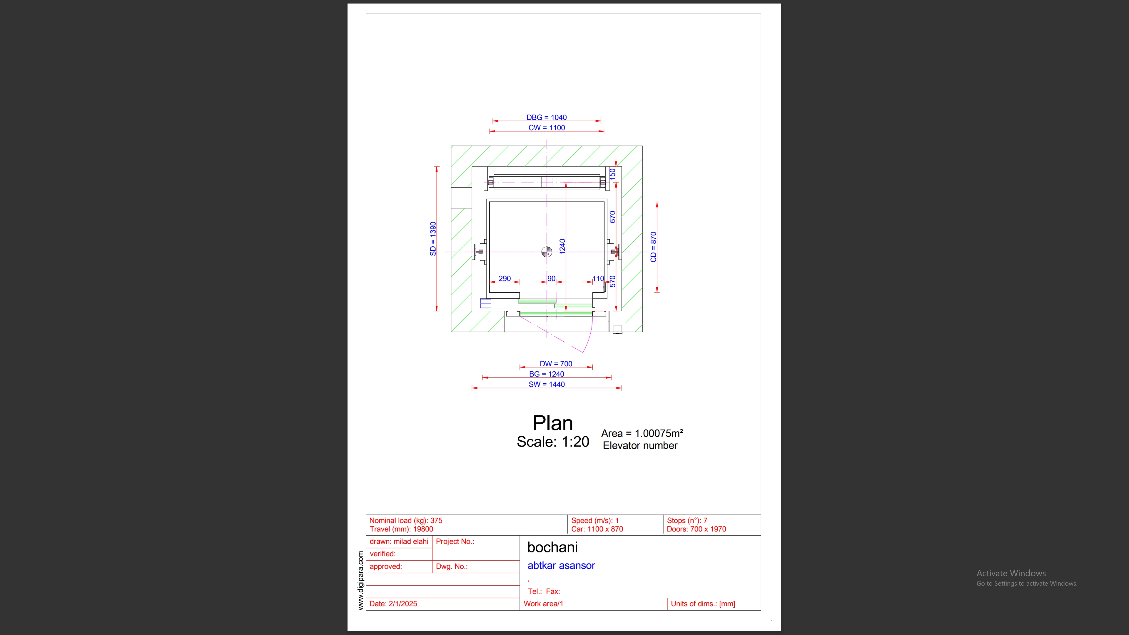 نقشه 2 بعدی کابین آسانسور