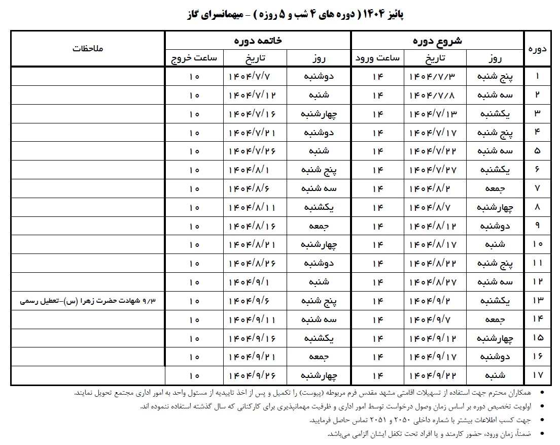 تسهیلات اقامتی مشهد مقدس (میهمانسرای گاز) پاییز 1404 مشاهده و دانلود فرم درخواست 🔹 فرم درخواست در آدرس (شرداک عمومی / امور اداری) قرار دارد.<br />🔹 اولویت با افرادی که سال گذشته از این تسهیلات استفاده نکردهاند.<br />🔹 فرم درخواست باید با تأیید مسئول واحد به امور اداری تحویل گردد.<br />🔹 حضور کارمند یا افراد تحت تکفل در زمان اقامت الزامی است.<br />🔹 کسب اطلاعات بیشتر با داخلی ۲۰۵۰ و ۲۰۵۱