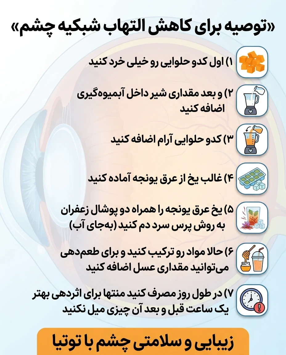 نسخه بهبود ارپی استاد رضایی <br />تجربه بسیار خوبی از جامعه ارپی و بیماران شبکوری از این نسخه دریافت کردیم که کمک ب فرایند بهبود نسبی آنها داشته و توصیه می‌شود در ماه د<br />بتاکاروتن (در کدو حلوایی)پیش‌ساز ویتامین A؛ کمک به سلامت شبکیه و کاهش خطر شب‌کوری. <br />لوتئین و زآگزانتین (در کدو)محافظت از ماکولا و فیلتر نور آبی؛ کمک به کاهش خطر دژنراسیون ماکولا. <br />-کروسین و سافرانال (در زعفران)آنتی‌اکسیدان قوی؛ کمک به محافظت از سلول‌های شبکیه. <br />پروتئین و چربی شیرافزایش جذب کاروتنوئیدها و ویتامین A<br />ویتامین B12 و ریبوفلاوین در شیر کمک به سلامت عصب بینایی و متابولیسم سلول‌های چشمی. <br />-ویتامین C و پلی‌فنول‌ها در کدو کاهش استرس اکسیداتیو در بافت چشم.<br />